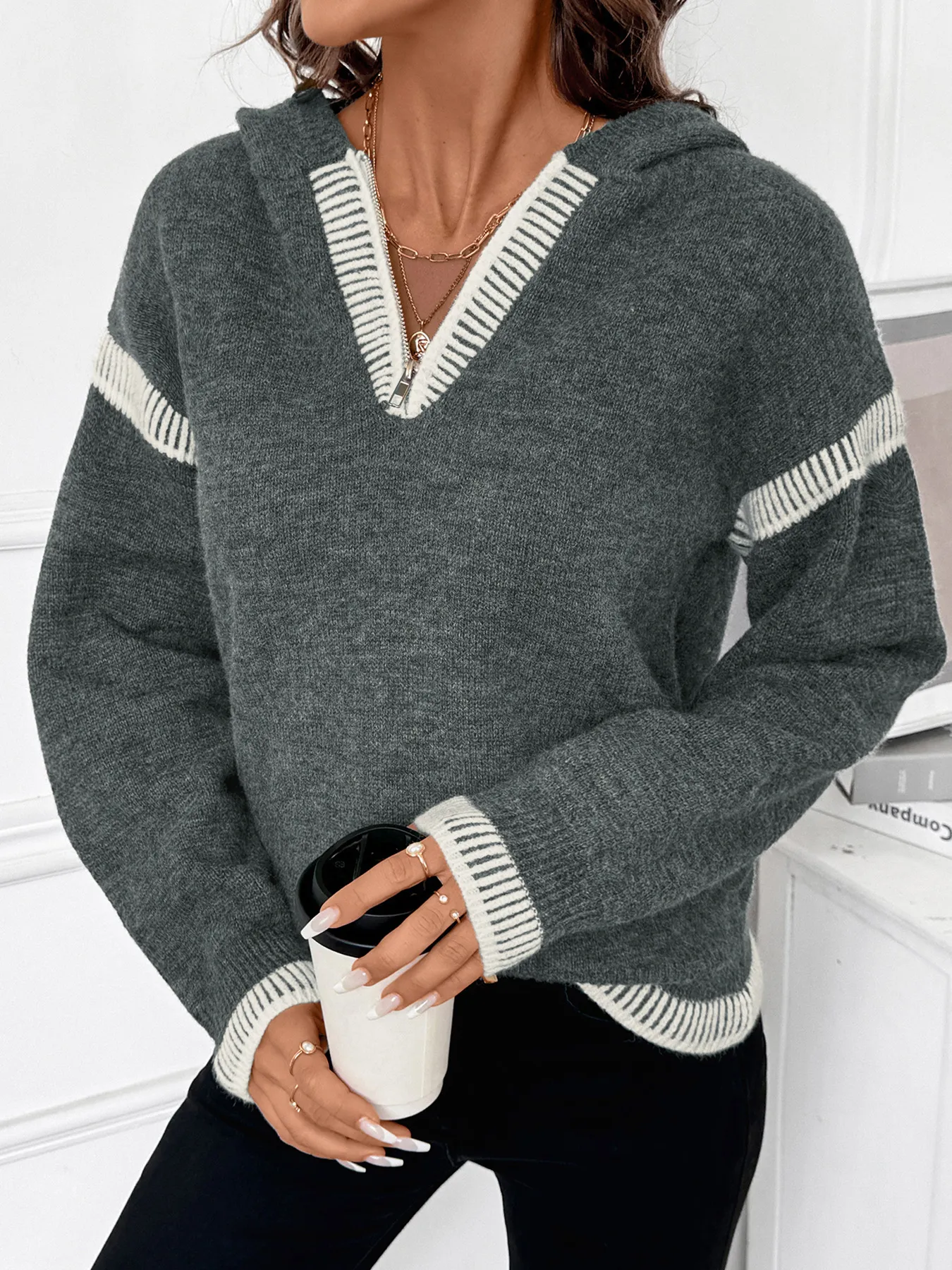 Casual Loose Contrast Trim Hooded Knit Sweater