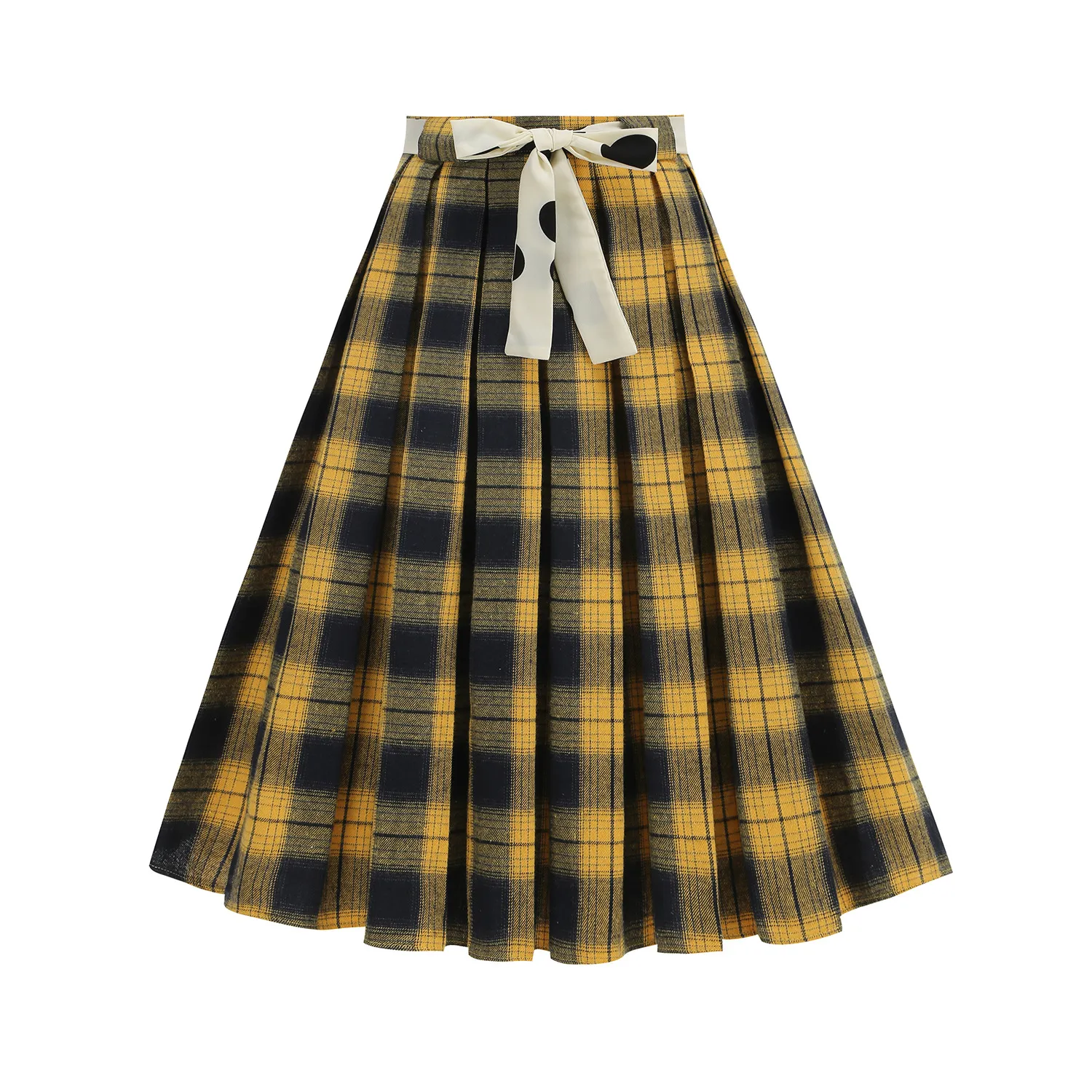 Plaid Tie-Waist Pleated A-Line Midi Skirt