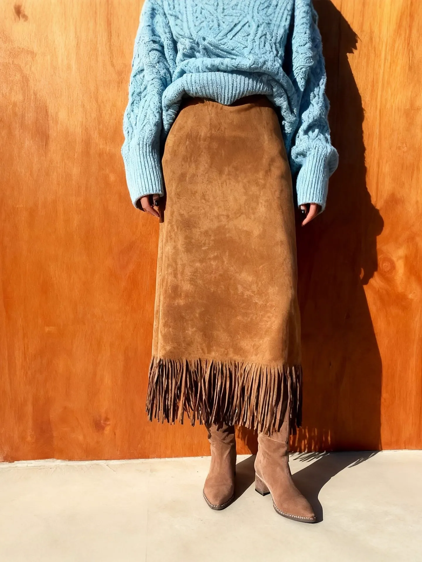 Elegant Fringe Suede Maxi Skirt