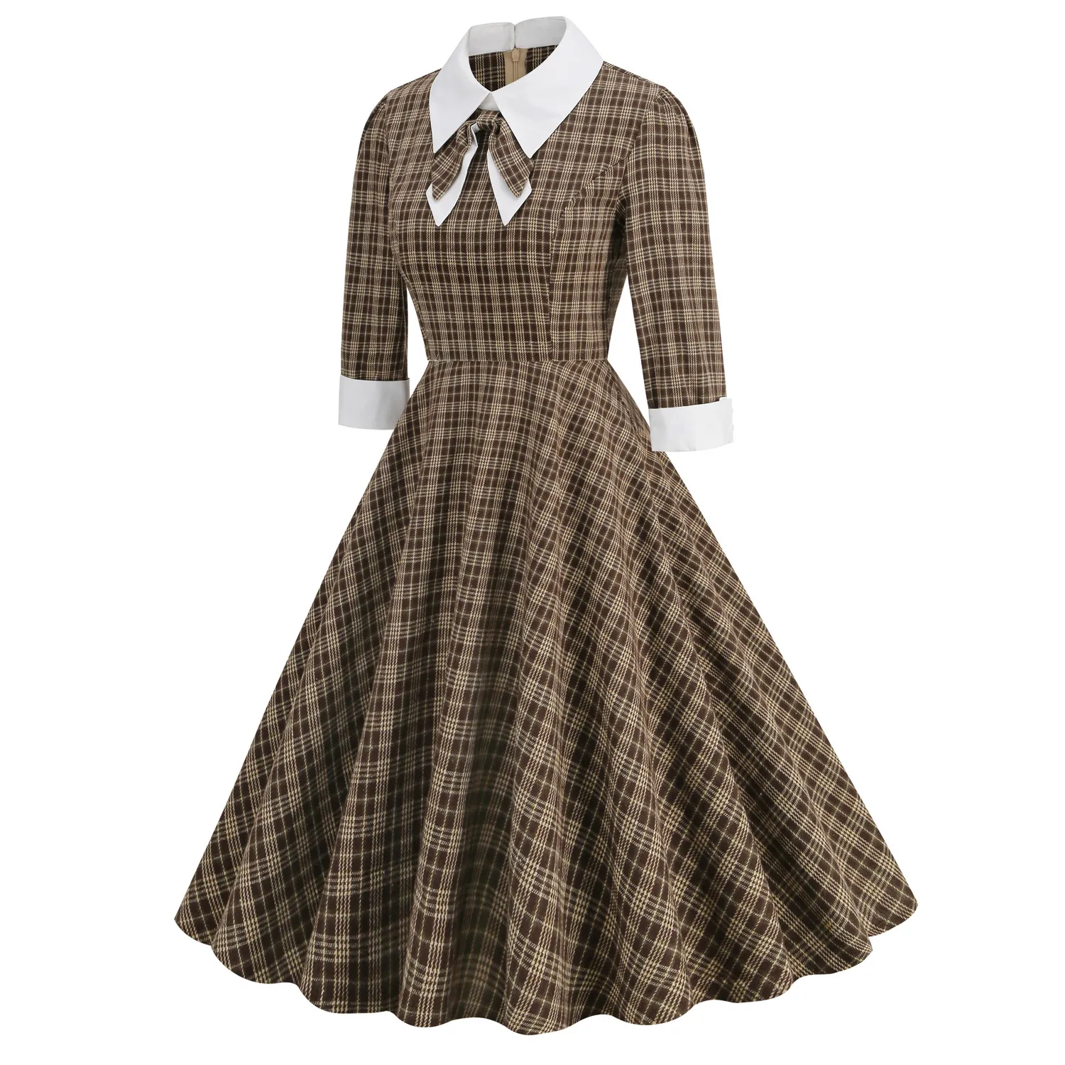 Vintage Plaid Long Sleeve Midi Dress with Contrast Bow Collar