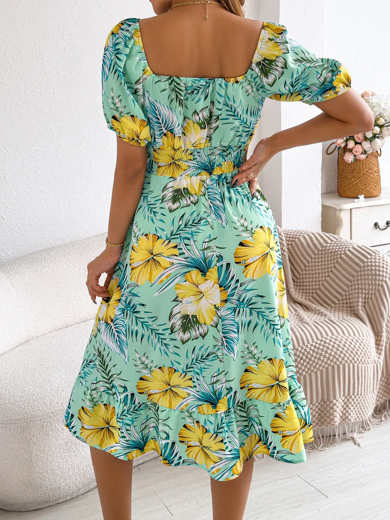 Floral Cold Shoulder Ruffle Beach Dress