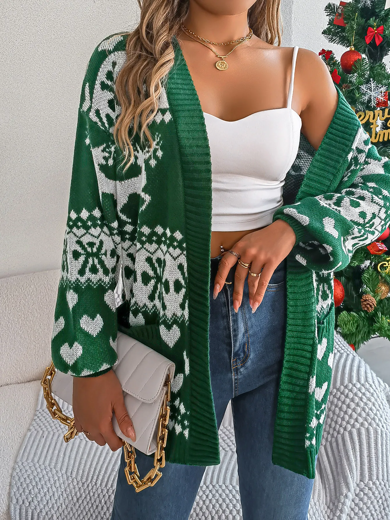 Christmas Reindeer Pocket Cardigan Sweater