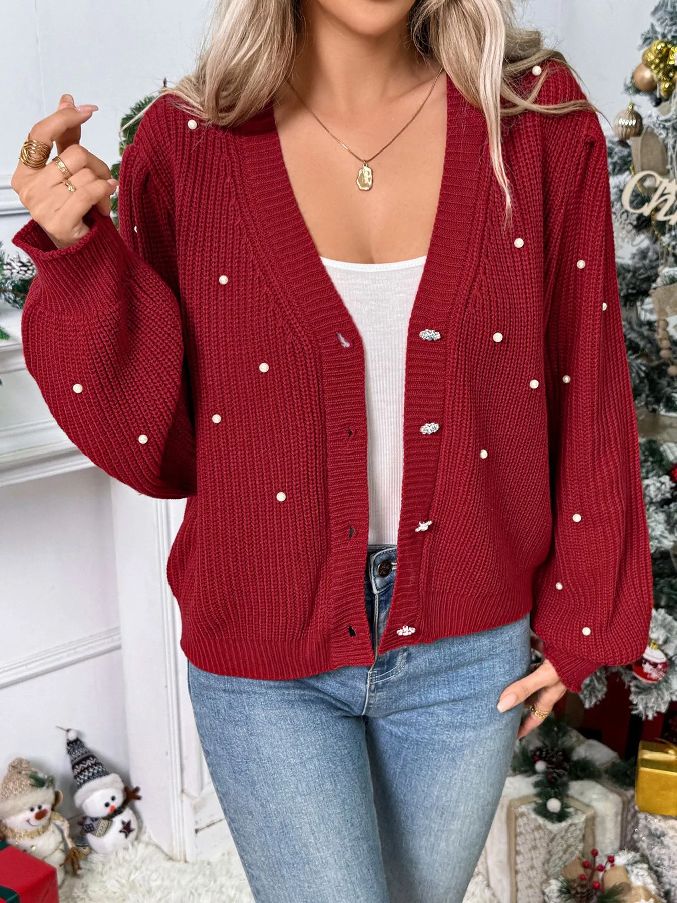 Red Christmas Pearl V-Neck Knit Cardigan