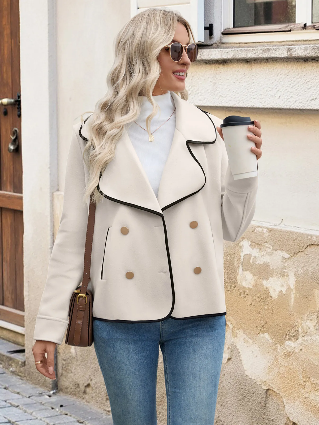 Double-Breasted Color Block Wool Coat