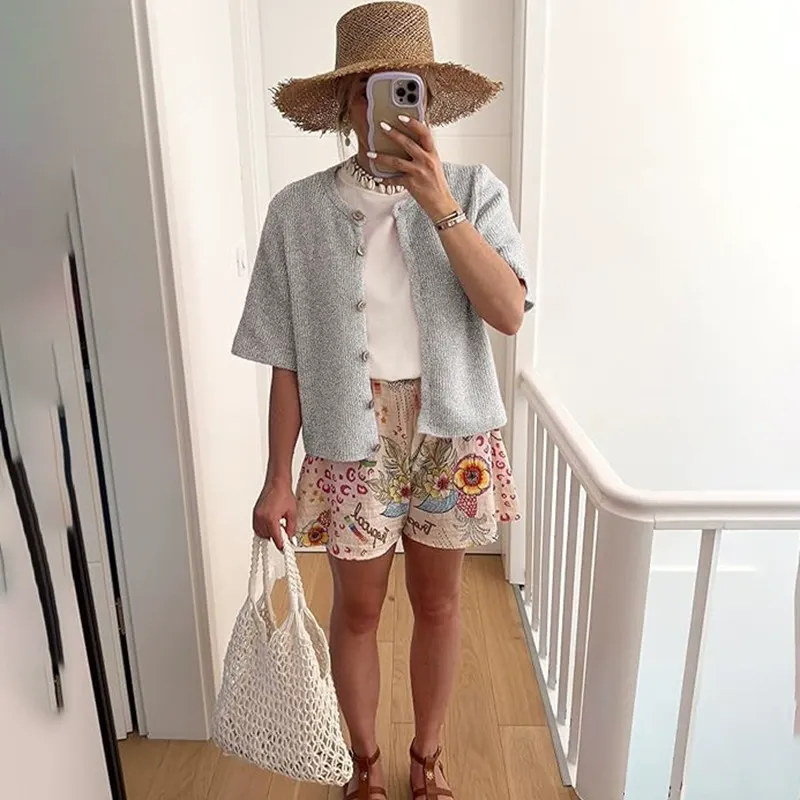 Button Short Sleeve Knit Cardigan