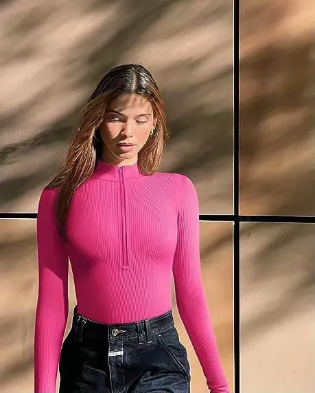 Ribbed Long Sleeve Front-Zip Bodysuit