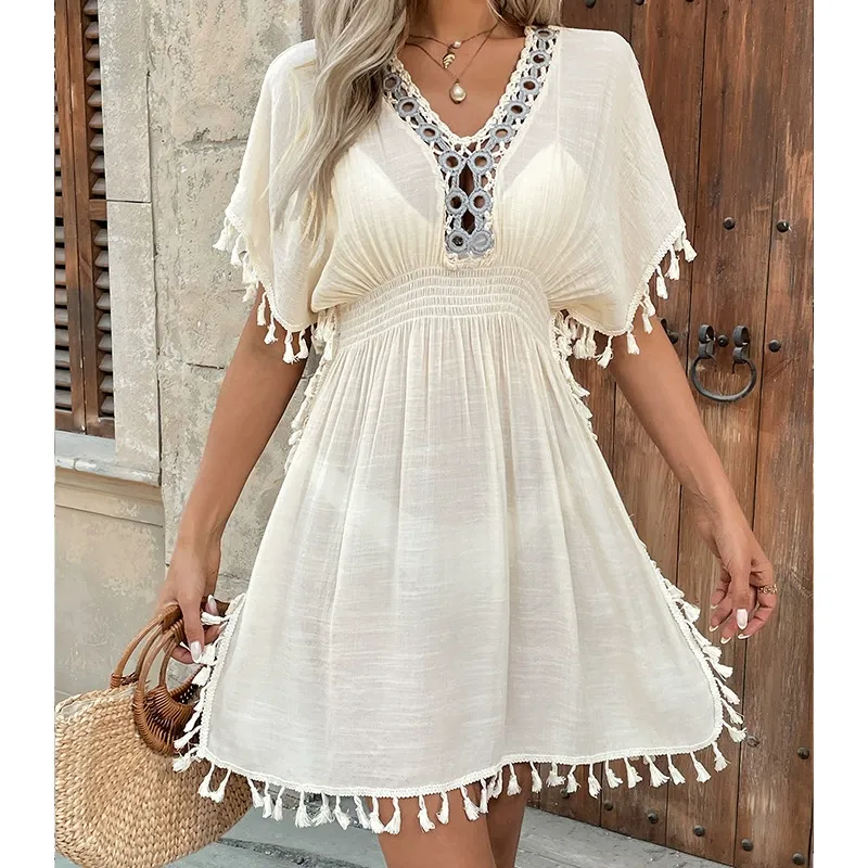 Hand-Crocheted Openwork Tasseled Beach Cover-Up Dress