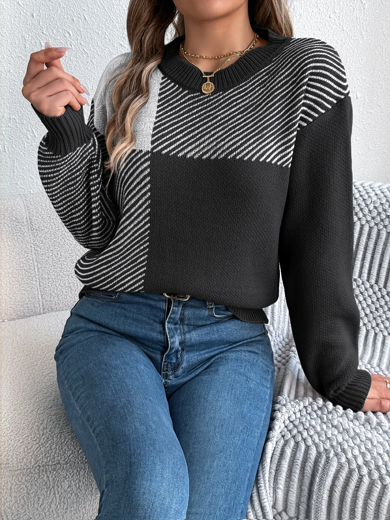 Colorblock Plaid Long Sleeve Pullover Sweater