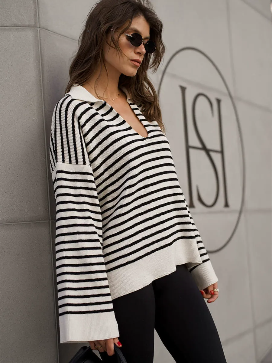 Relaxed Fit Black Striped Collared Sweater