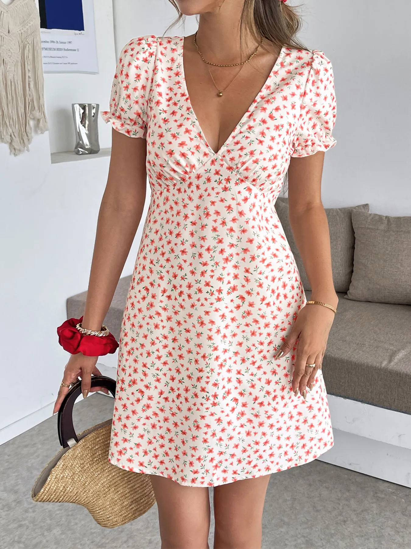 V-Neck Puff Sleeve Vacation Dress