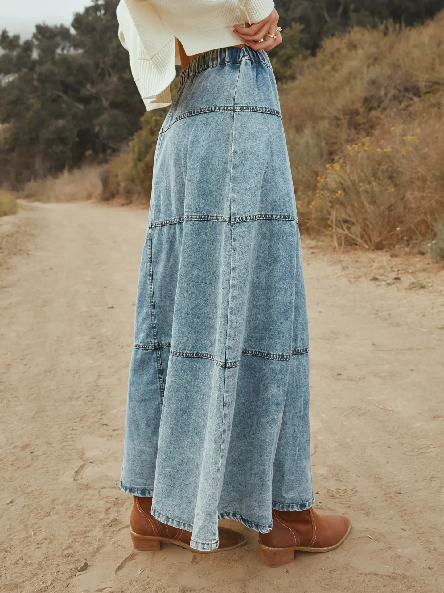 Bohemian A-line Tiered Patchwork Denim Skirt