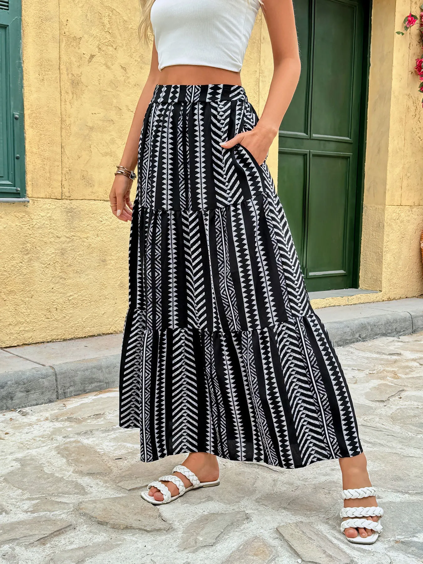 High Waist Geometric Print Boho Maxi Skirt