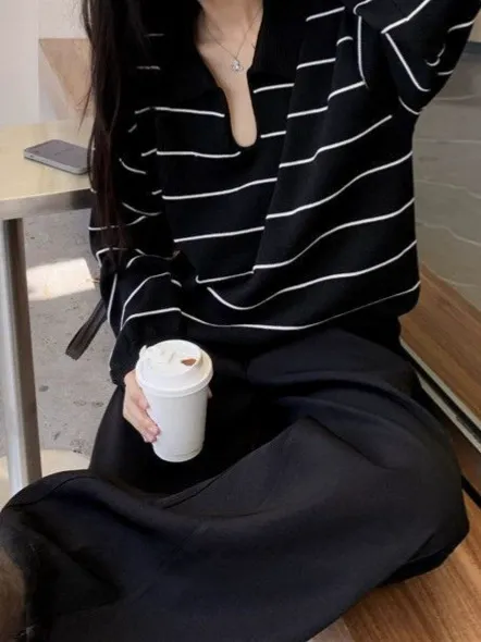 Black and White Striped Relaxed Fit Polo Knit Sweater