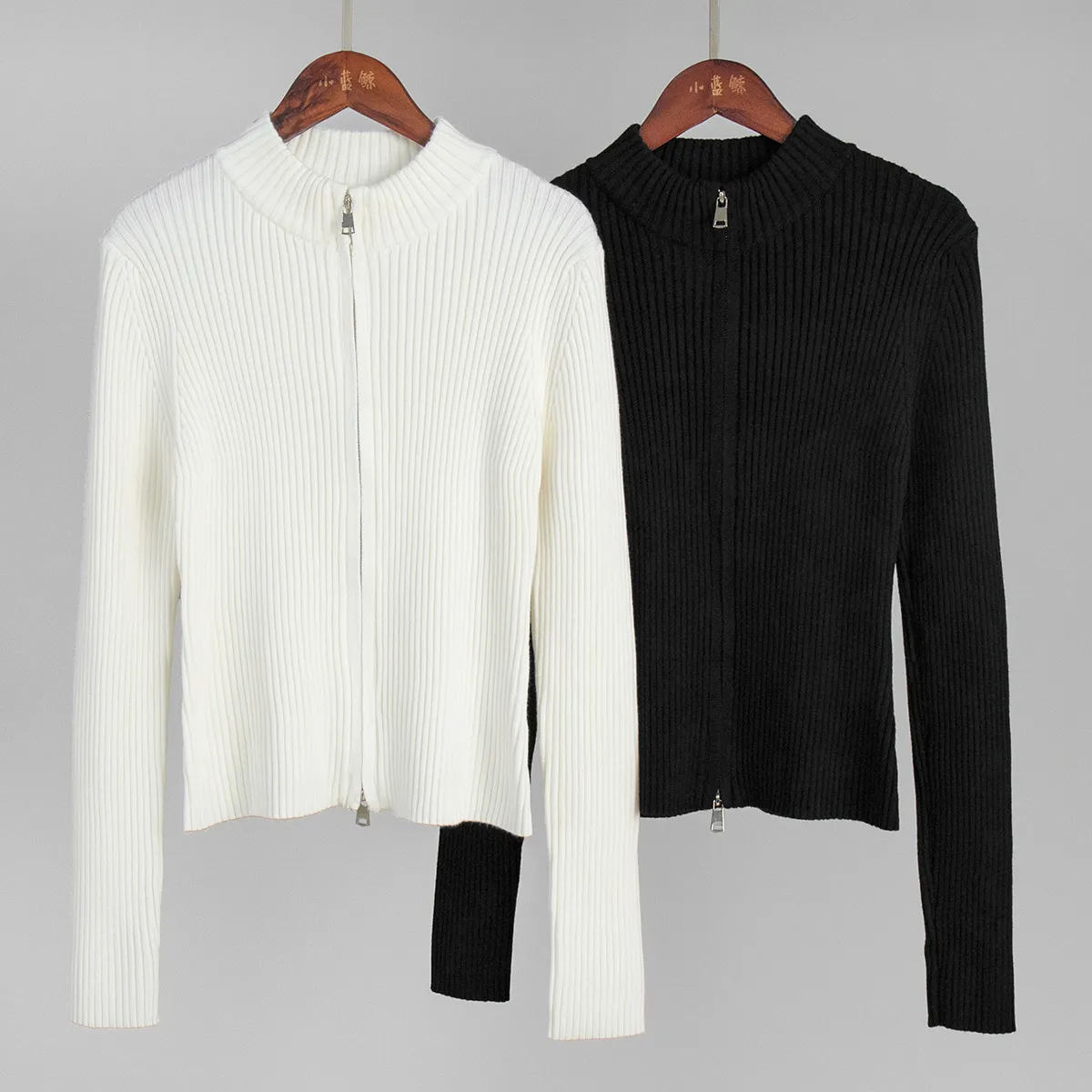 Fitted Stand Collar Double-Zip Knit Cardigan