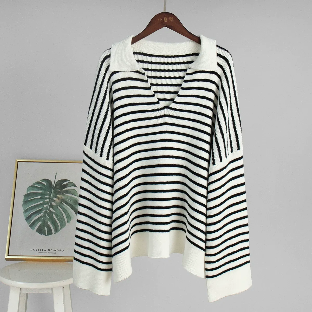 Relaxed Fit Black Striped Collared Sweater