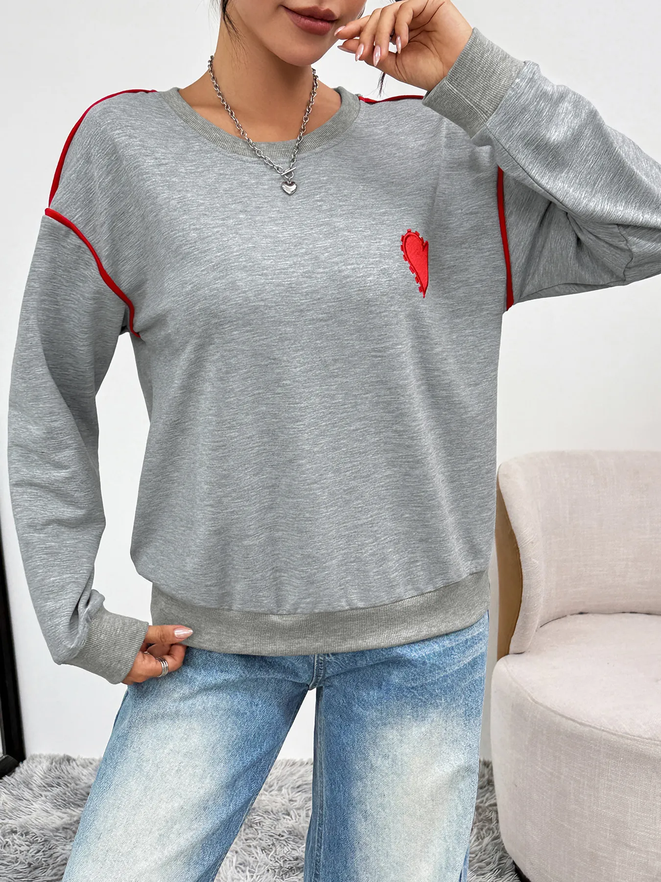 Heart Embroidery Drop Shoulder Crewneck Sweatshirt