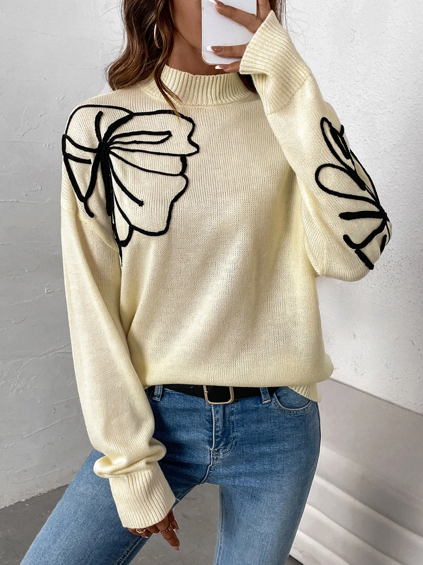 Mock Neck Floral Sweater