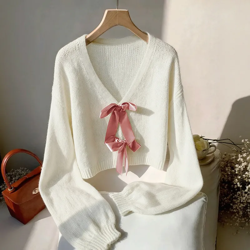 Casual V-Neck Long Sleeve Bow Detail Cardigan