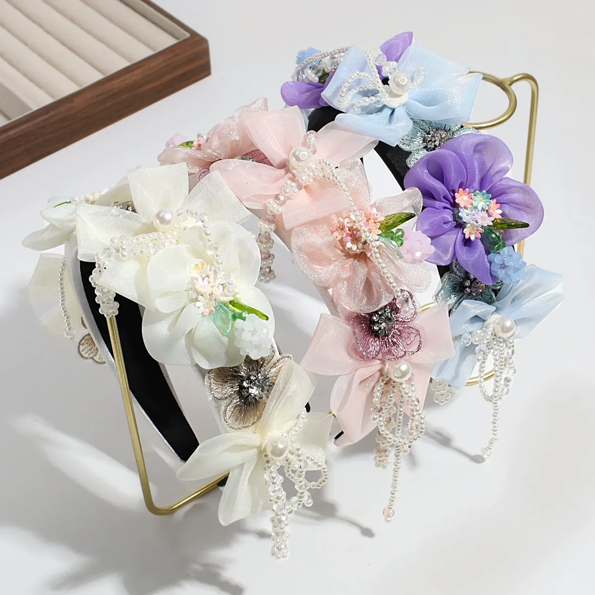 Rhinestone Floral Pearl Tassel Headband