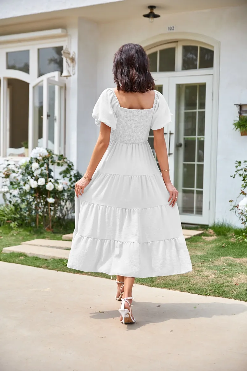 Square Neck Backless Puff Sleeve Ruched Dress