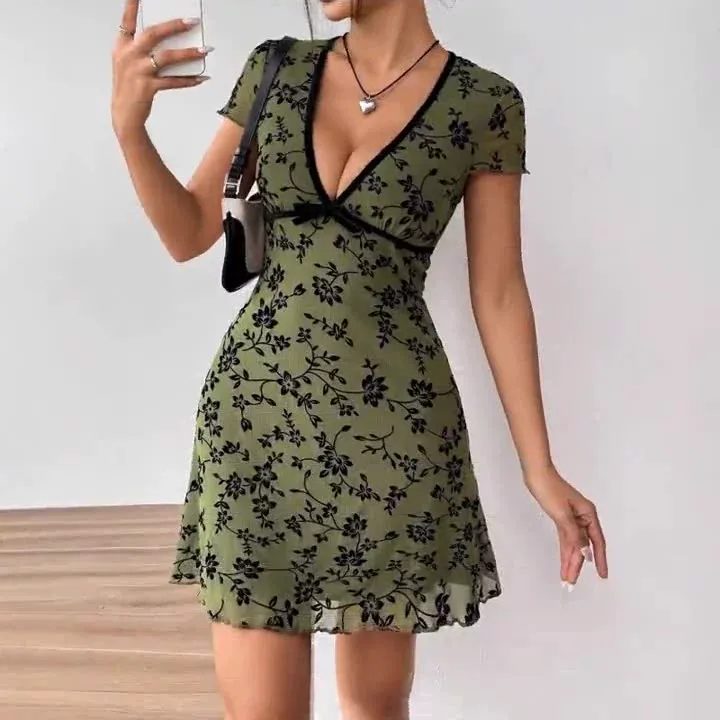 Floral Embroidered V-Neck Contrast Trim A-Line Dress