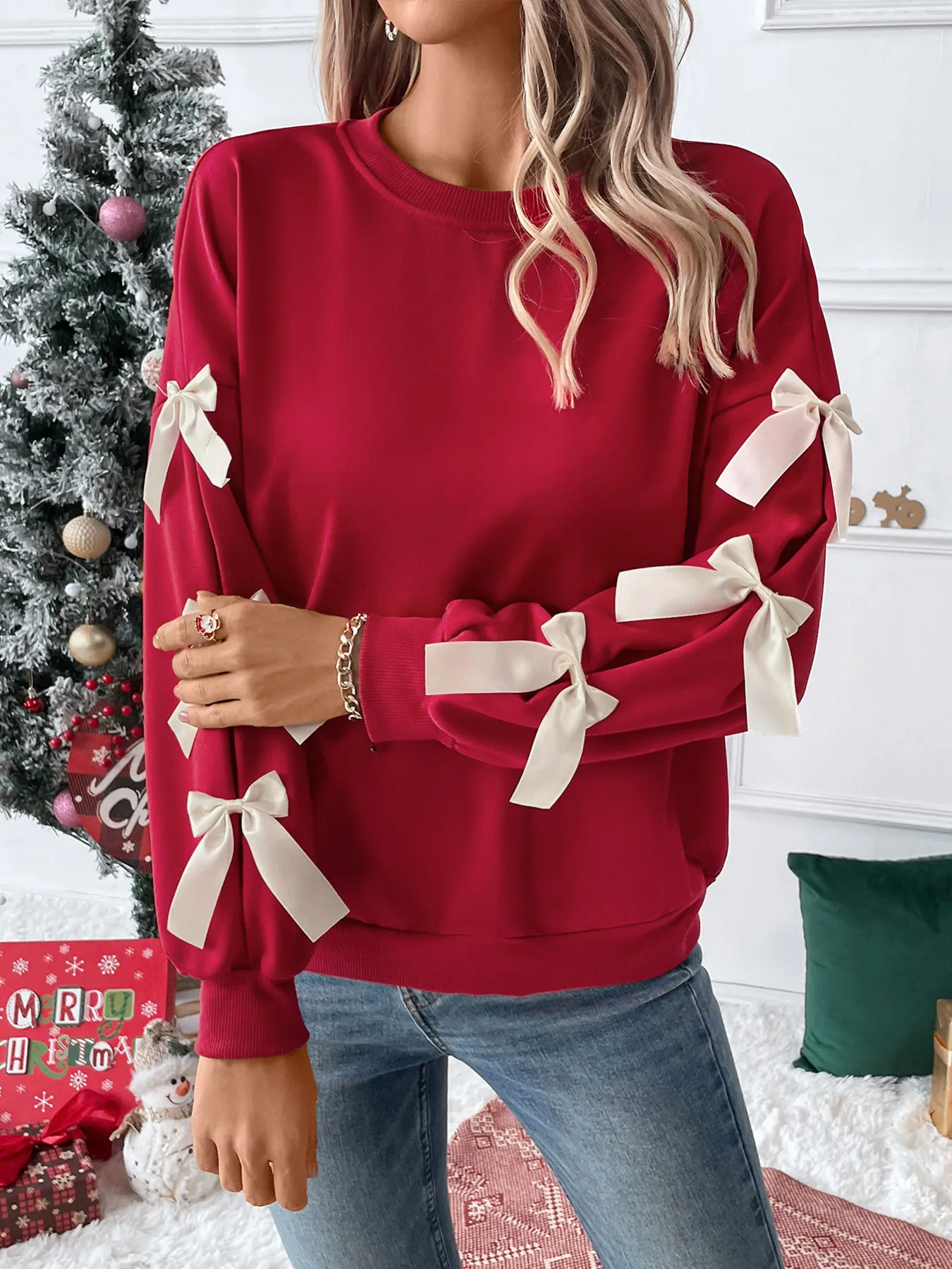 Cute Red Round Neck Christmas Bow Sweatshirt