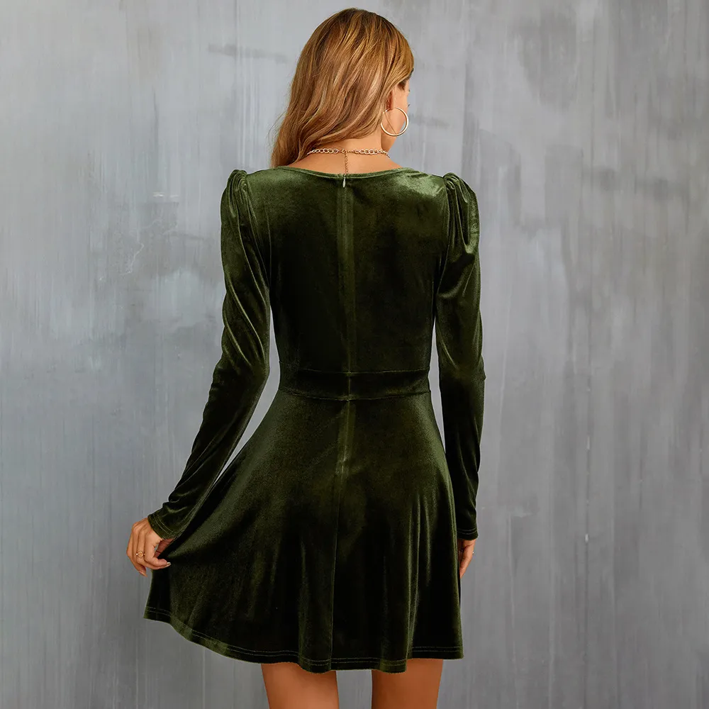 Velvet V-Neck Puff Sleeve A-Line Dress