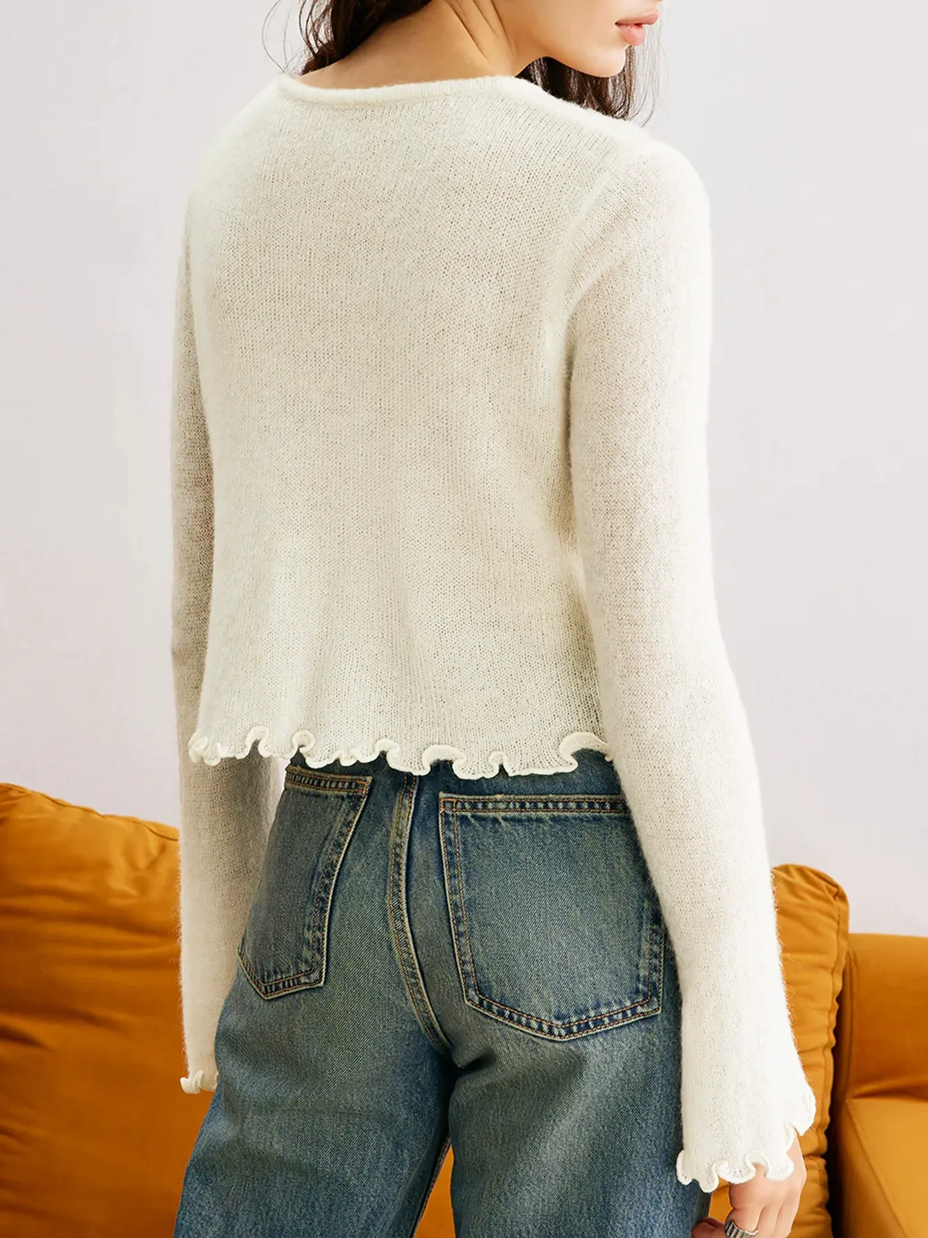 3D Floral Ruffle Trim Slim Fit Knit Pullover
