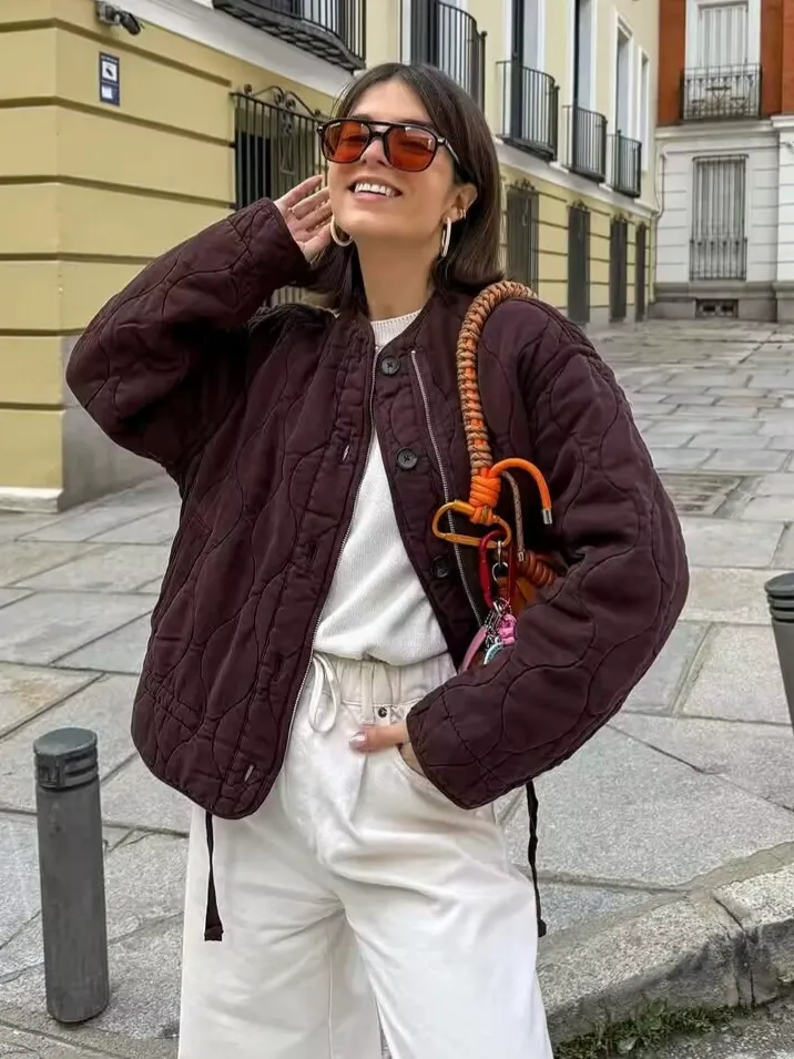 Relaxed Fit Round Neck Long Sleeve Puffer Jacket