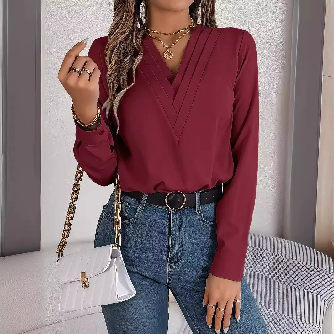 Elegant Solid Color Layered V-Neck Long Sleeve Blouse
