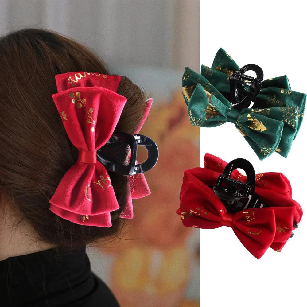 Large Fabric Bow Hair Claw with Gold Accent
