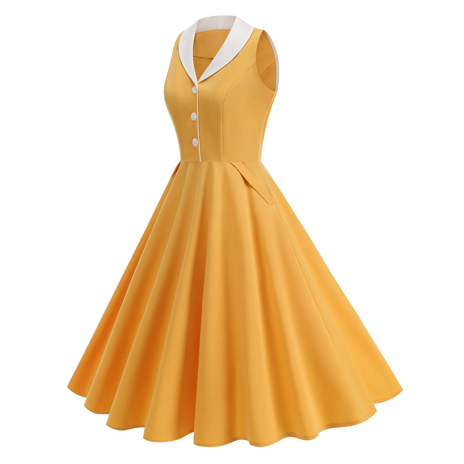 Vintage Contrast Collar Swing Midi Dress