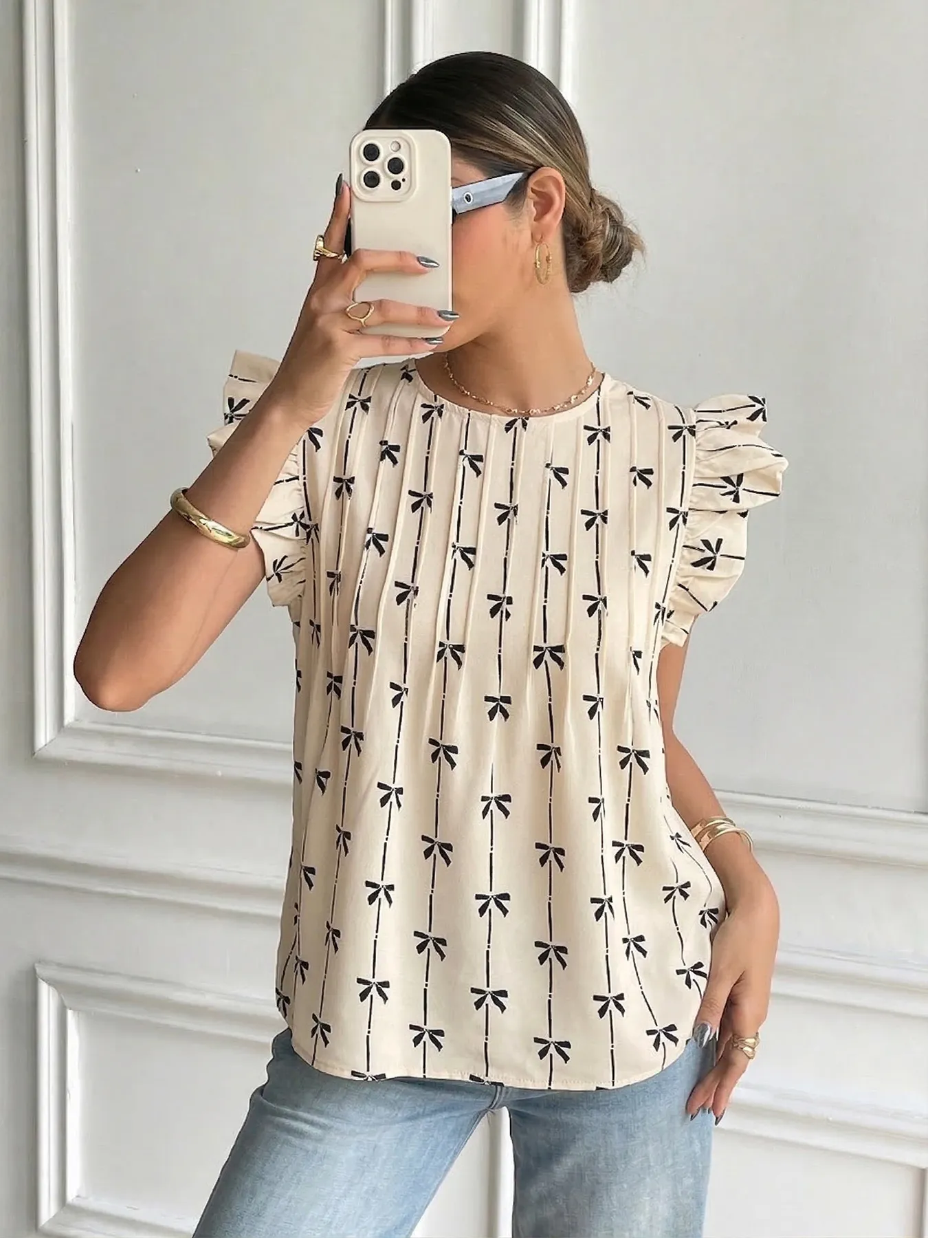 Vintage Bow Print Flutter Sleeve Blouse