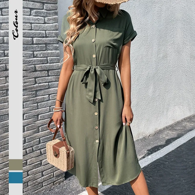 Solid Lapel Tie-Waist Shirt Dress