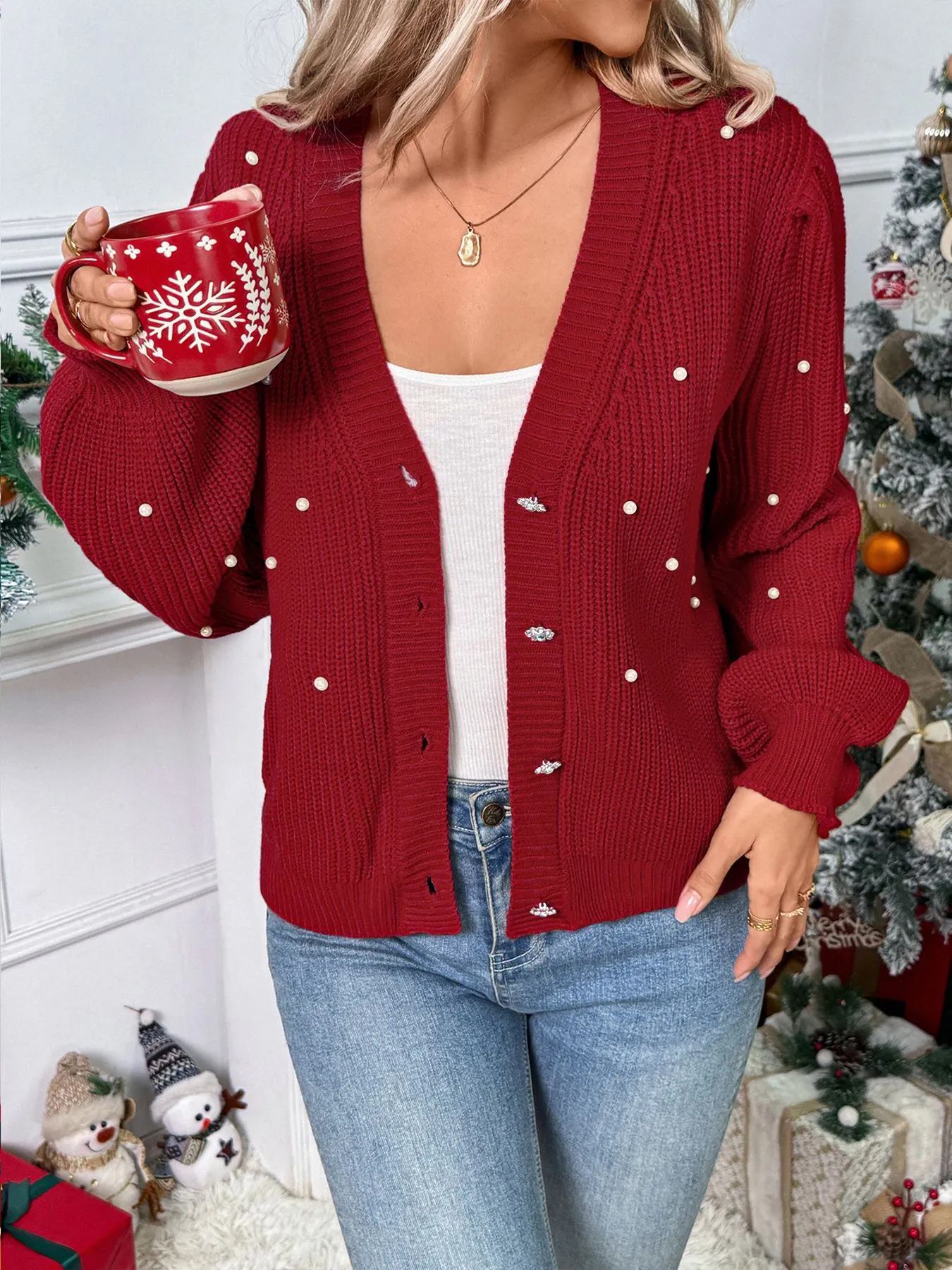 Red Christmas Pearl V-Neck Knit Cardigan