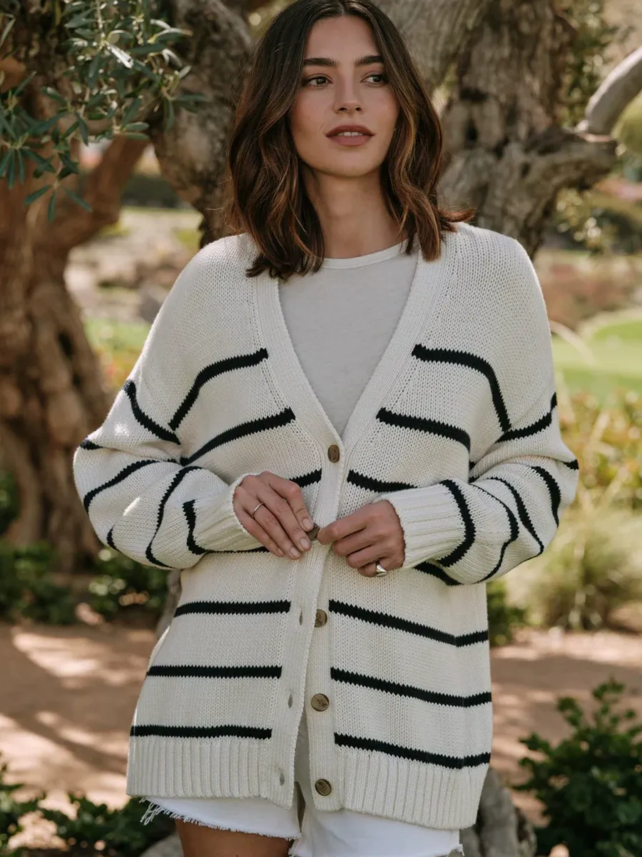 V-Neck Striped Cotton Cardigan
