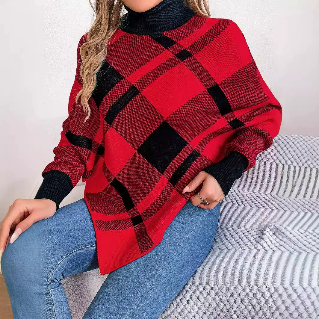 Christmas Plaid Color Block Turtleneck Long Sleeve Poncho Sweater