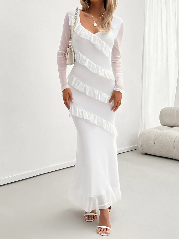 Mesh V-Neck Long Sleeve Slim Fit Dress