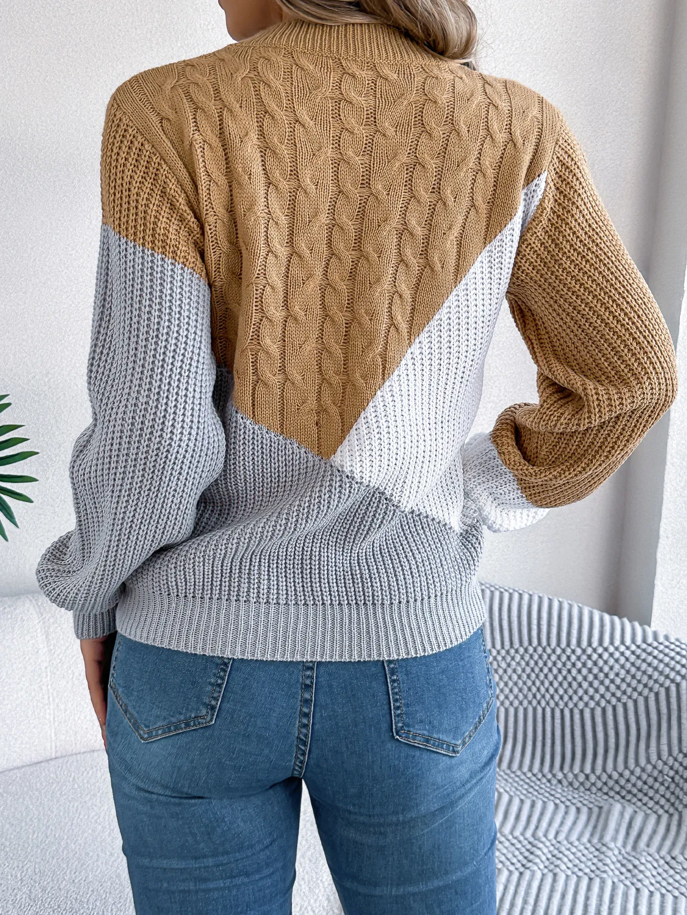 Color Block Cable Knit Long Sleeve Pullover Sweater