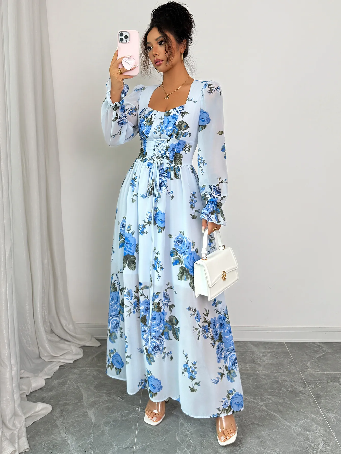 Elegant Printed Ruffle Long Sleeve Dress