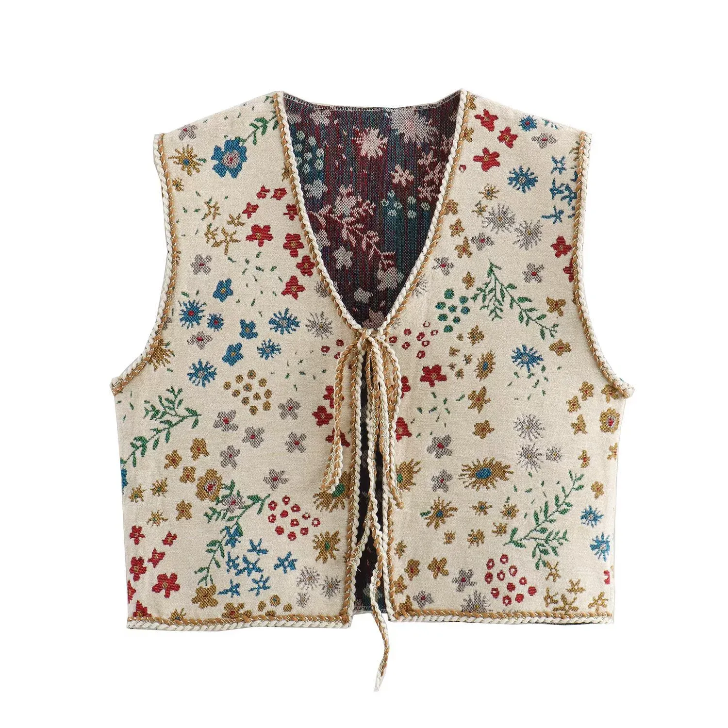 Jacquard V-Neck Tie-Front Cropped Vest