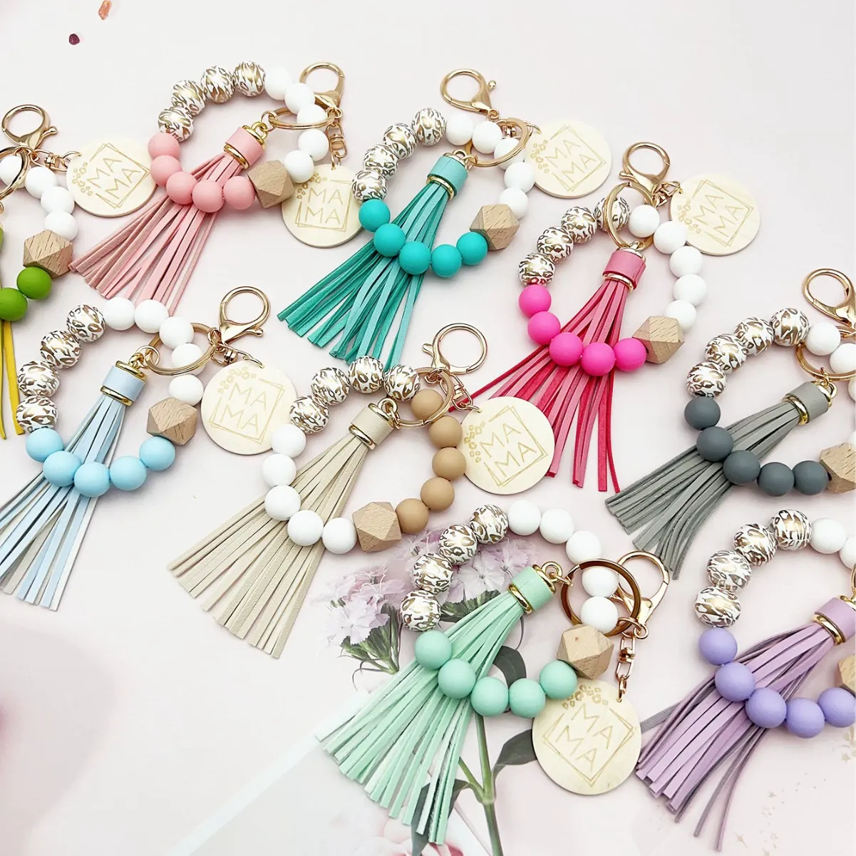 Silicone & Wood Bead MAMA Wristlet Keychain with Tassel