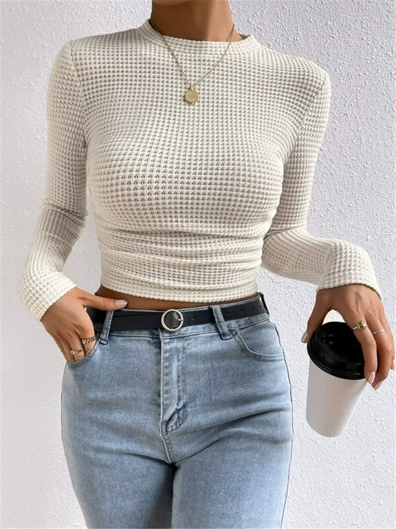 Fitted Long Sleeve Plaid Ruched T-Shirt