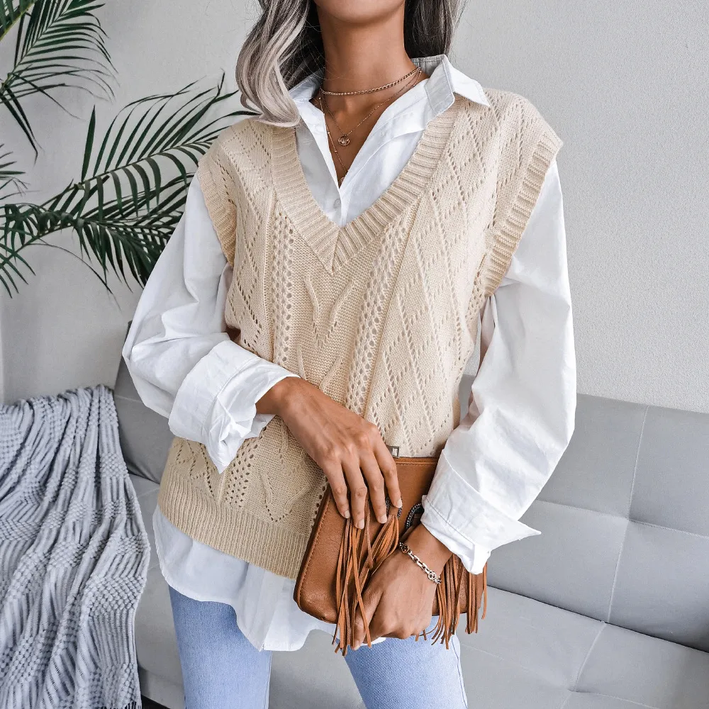 V-Neck Open Knit Cable Sweater Vest