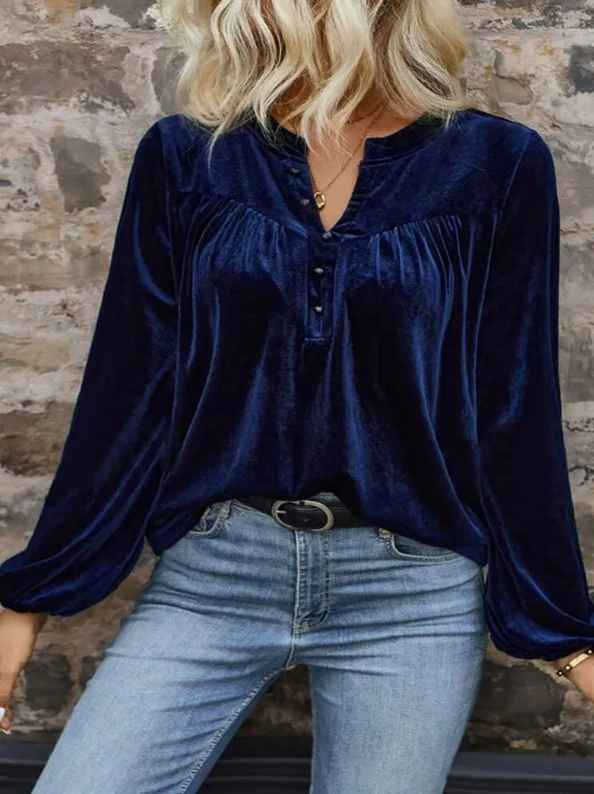 Solid V-Neck Long Sleeve Button Top