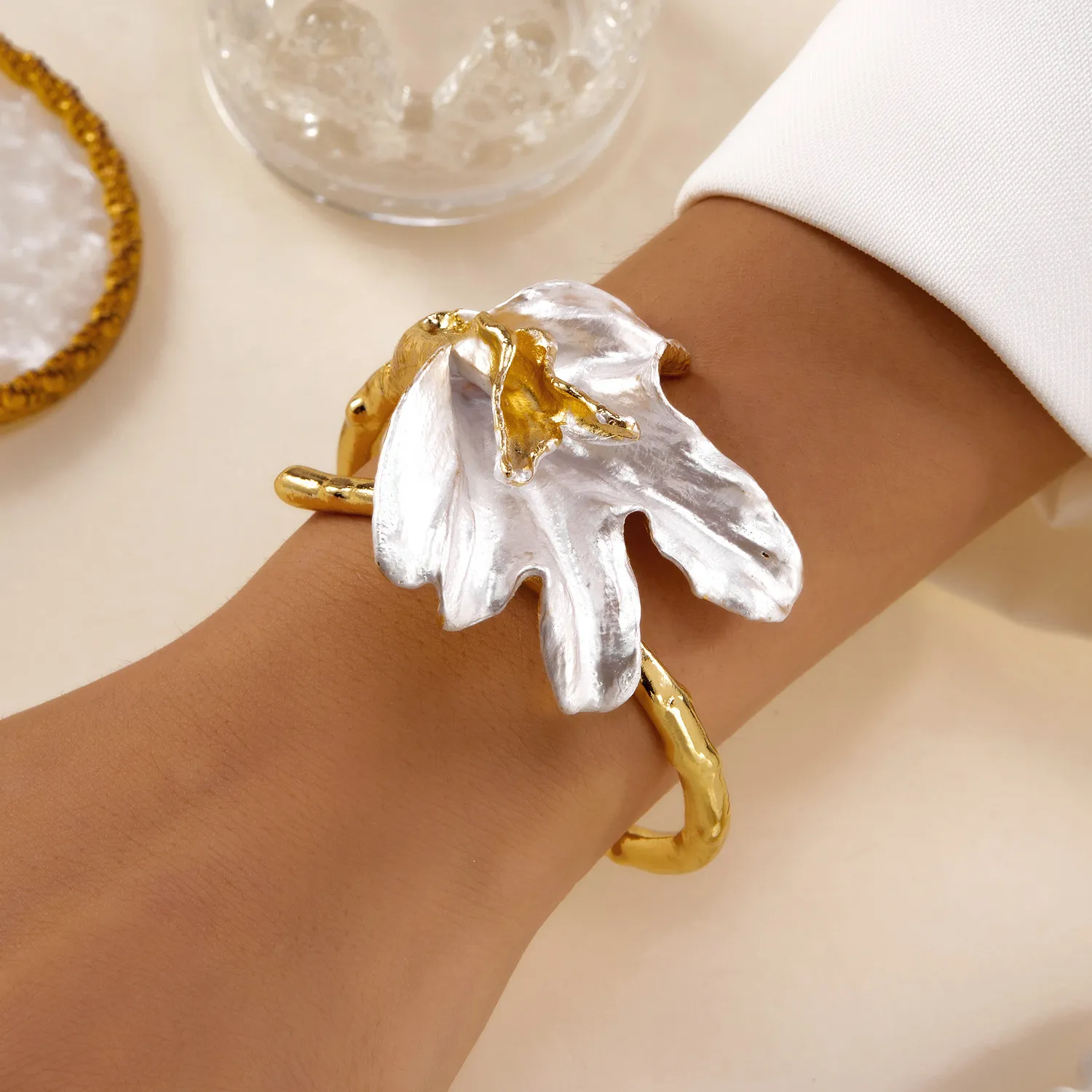 Bold Floral Metallic Color Block Open Cuff Bracelet