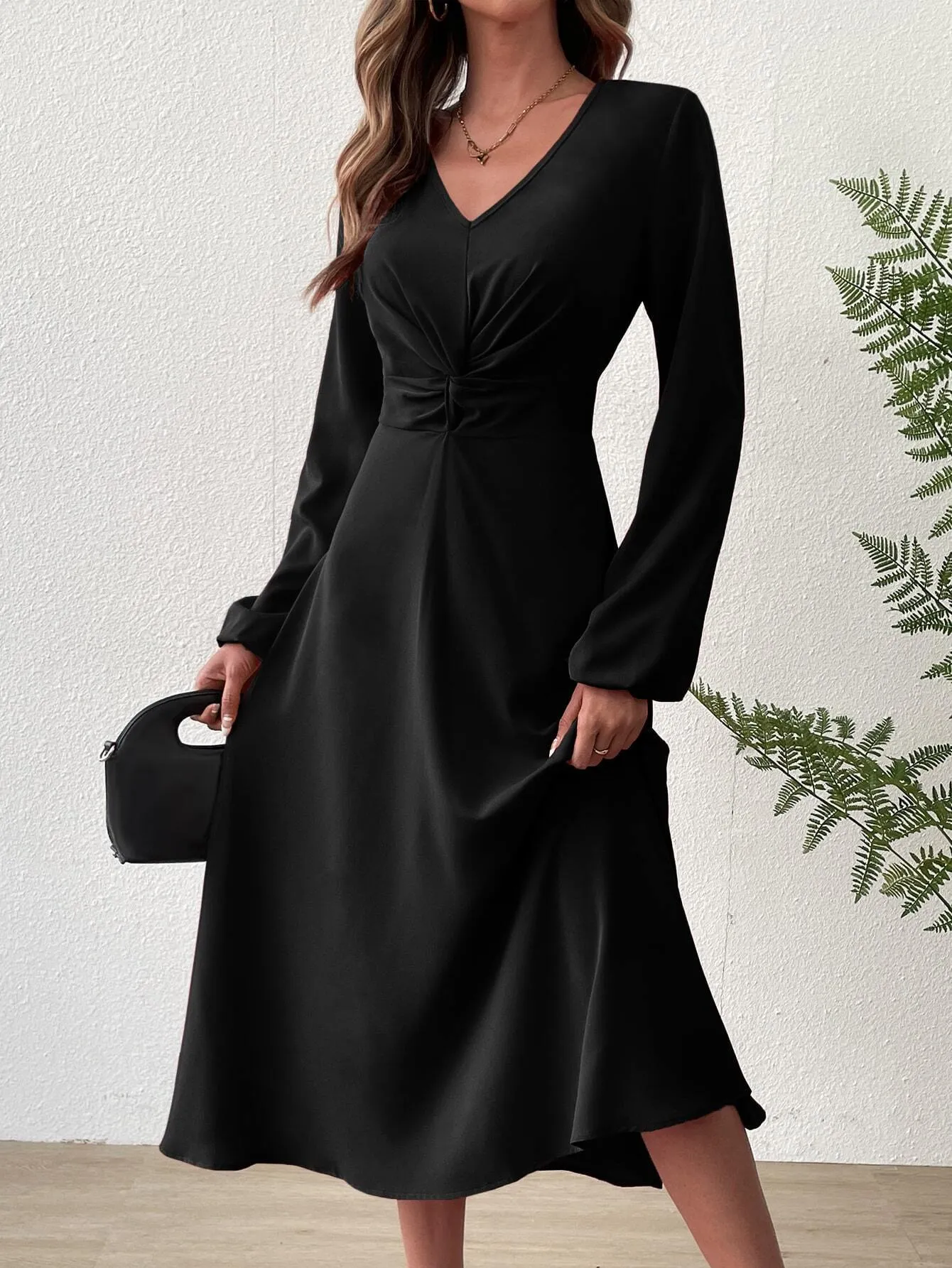 Elegant French Style V-Neck High Waist A-Line Midi Dress