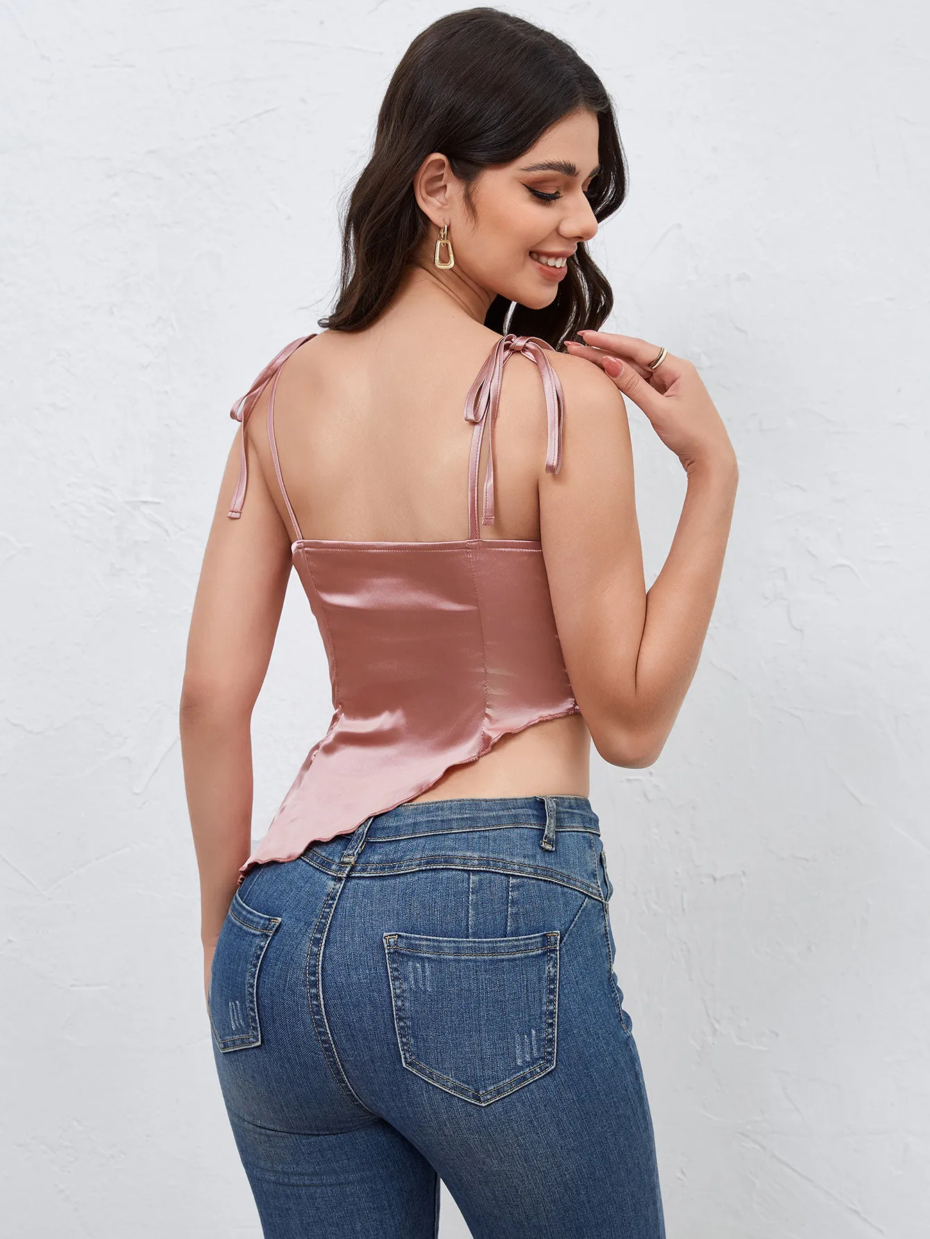 Asymmetrical Satin Tie Crop Top