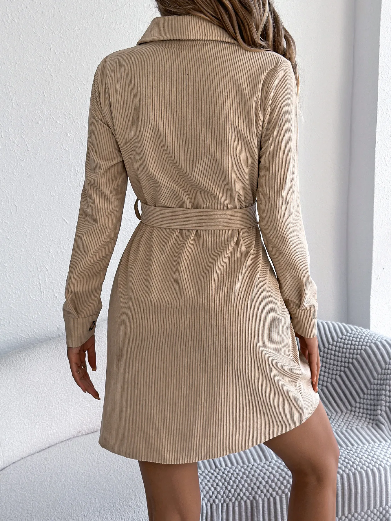 Casual Belted Corduroy Long Sleeve Shirt Dress