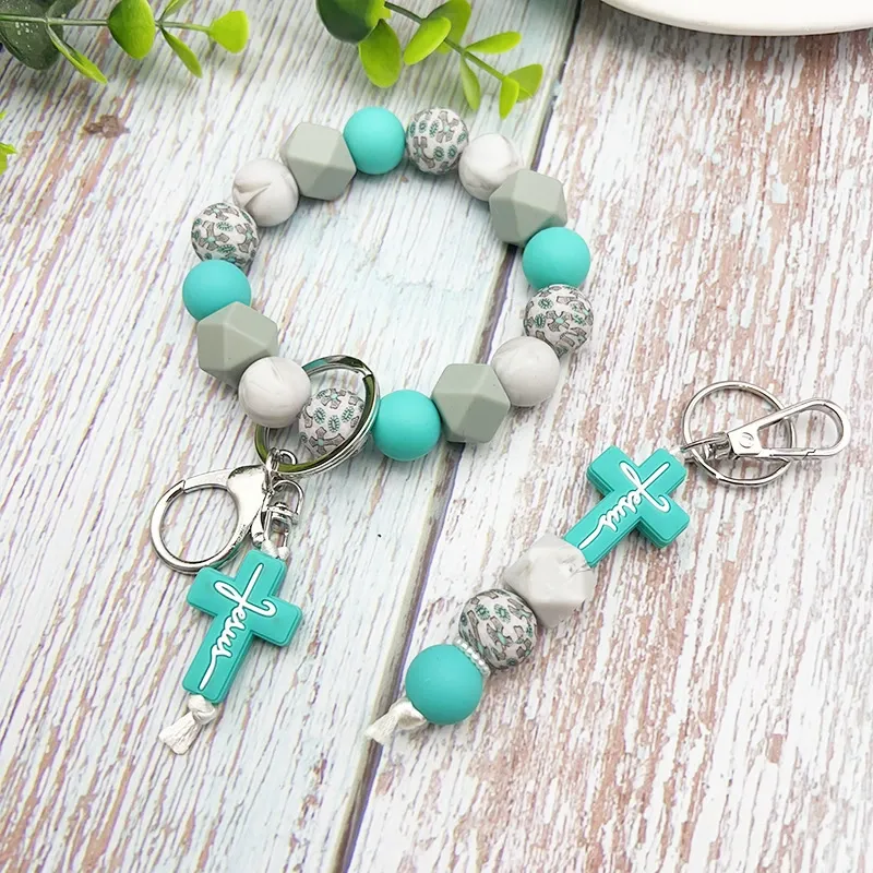 Silicone Beaded Cross Wristlet Keychain